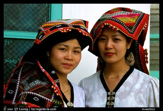 Two thai women in traditional dress, Son La. Vietnam